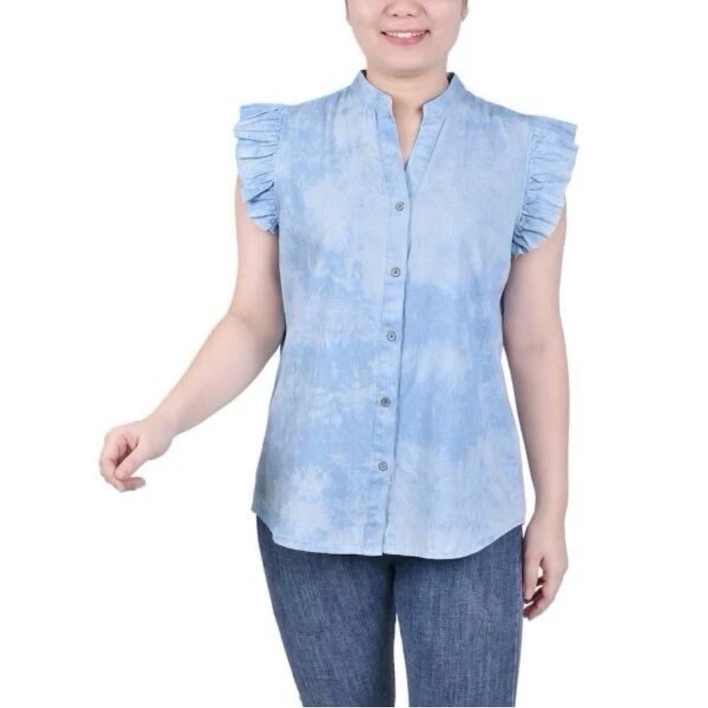 NY Collection Blue tie-dye wash Ruffle flutter cap Sleeves Button-Up Blouse